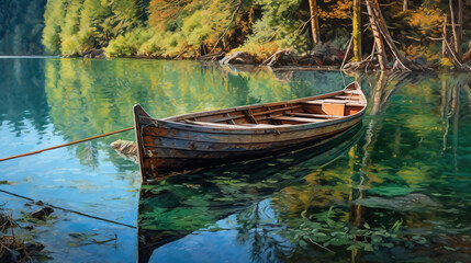 Obraz premium Wooden Boats Floating on a Serene Mountain Lake: Scenic Nature View