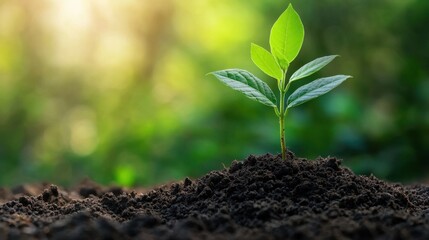 Obraz premium Young plant sprouting from rich soil in a sunlit environment