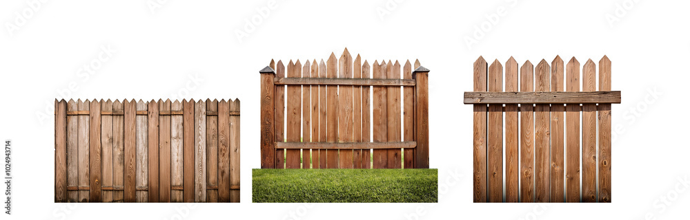 Poster three wooden fences with pointed tops and one with a horizontal cross beam, isolated on a white back