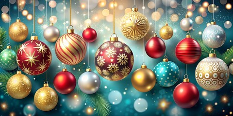  A festive banner featuring a collection of Christmas ornaments in various designs and colors, suspended with glowing bokeh lights in the background. Perfect for adding holiday text