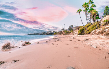Beautiful landscape of Laguna Beach ocean coastline with palm trees in Treasure Island Park, Orange...