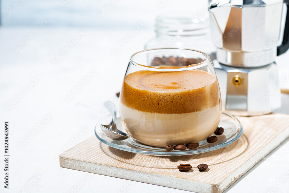 Sticker milky coffee with cream foam in glass