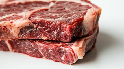 Fototapeta premium A close-up of two raw rib-eye steaks, one on top of the other, against a white backdrop, emphasizing their succulent texture and quality