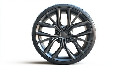 Fototapeta premium A contemporary car wheel viewed from the side, isolated on a white background, highlighting its modern design and features