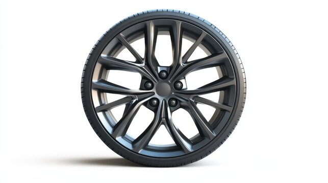A contemporary car wheel viewed from the side, isolated on a white background, highlighting its modern design and features