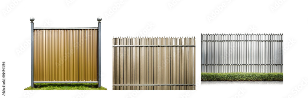 Poster three different metal fences with one in front of a grassy area.
