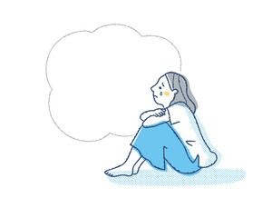 膝を抱えて泣いている女性とふきだし