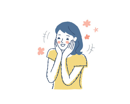 頬に手を当てて喜んでいる若い女性