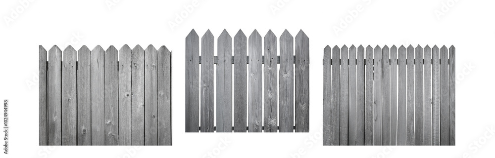 Poster a close-up view of a wooden fence made of vertical pickets with pointed tops.