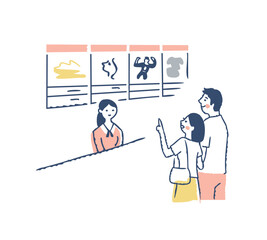 チケット売り場の女性とカップルの客