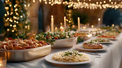 Festive banquet table adorned with delicious dishes and twinkling lights, AI