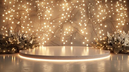 There is a round podium decorated with Christmas lights in the background