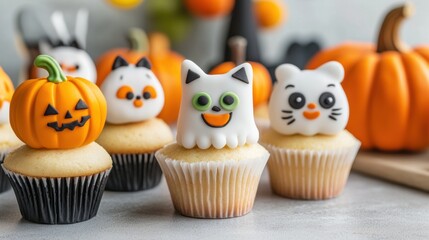 Halloween-themed cupcakes with playful fondant decorations, AI