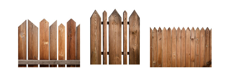 Three sections of a brown wooden fence, with pointed tops, against a white background.