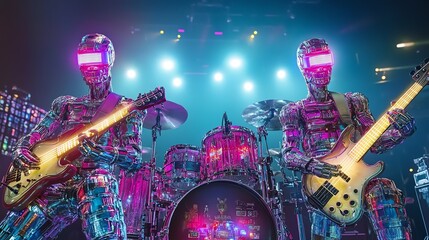 Obraz premium Futuristic neon robots performing an electrifying concert on stage with guitars and drums under vibrant lights.