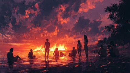 Beach bonfire gathering, friends sharing laughter, one person reflecting in the water, warm glow of flames, serene evening atmosphere