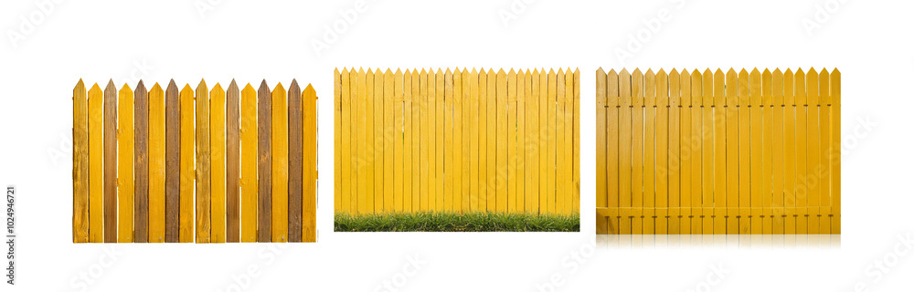 Poster a yellow wooden fence with pointed tops, partially obscured by a brown fence in the left side of the
