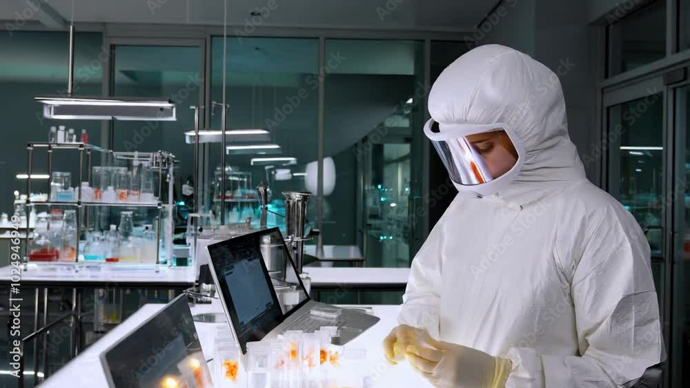 Aufkleber High Tech Laboratory Research Scientist in Protective Suit Ensures Safety and Sterile Handling of Samples with Advanced Equipment for Precise Analysis