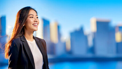 A side profile of an Asian businesswoman smiling under the dazzling lights of the city.