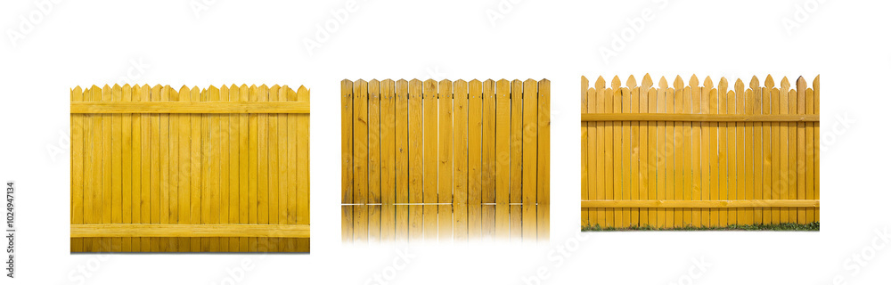 Poster Three vertical sections of a yellow wooden fence with pointed top rails against a white background.