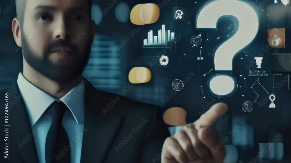 Poster Businessman is pointing at digital hologram question mark with various icons around, trying to find a solution to a problem