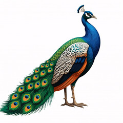 Obraz premium beautiful peacock illustration with blue and green feathers on white background