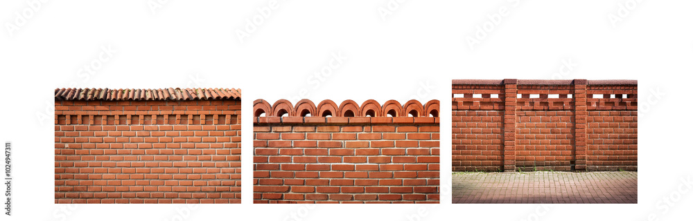 Poster a brick wall with different patterns and textures, featuring a brick-paved walkway in the foreground