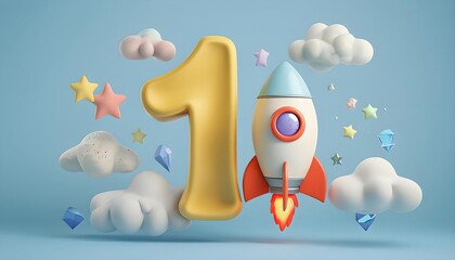Cute 3D rocket with stars and number 1 on blue background, kids' birthday theme