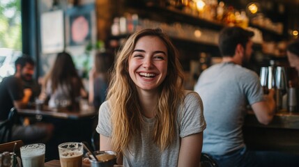 Café Laughter Amidst Solitude, a joyful gathering inside a café, one individual outside feeling isolated from the cheerful company