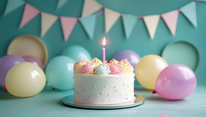 Festive birthday cake with candle amidst colorful balloons, perfect for celebration banners