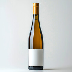 A single bottle of white wine with a blank label, standing upright on a white background.