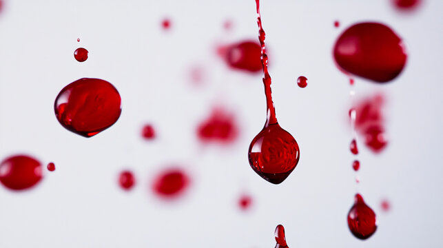Red droplets falling gracefully against a clean white background in an artistic display