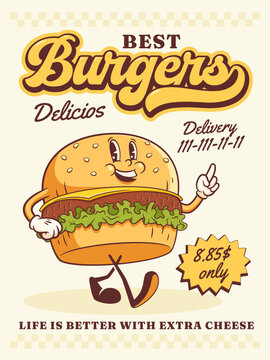 Naklejki Groovy Burger Retro Character Poster. Cartoon Hamburger Walking and Smiling. Vector Fast Food Mascot Template. Happy Vintage Cool Illustration Isolated