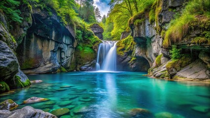 Silhouette blue green waterfall and river cutting through rocks
