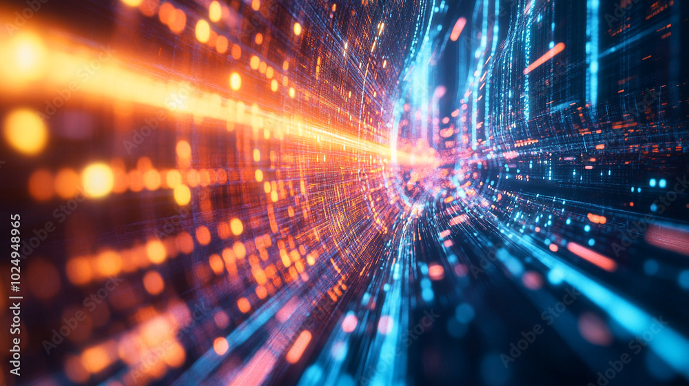 Poster dynamic visual representation of data flow in a futuristic digital environment
