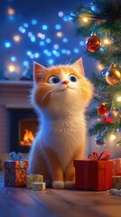 Cat opening presents under the Christmas tree, fireplace in background