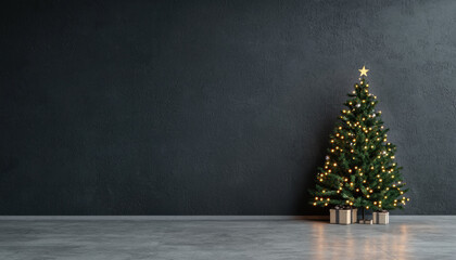 Fototapeta premium Decorated Christmas tree with gifts on a modern backdrop
