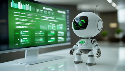 White AI Robot Analyzing Data. Futuristic Concept with Robot and Green Dashboard on the Screen.