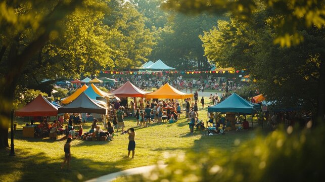 Summer Festival in a Vibrant Park, families gathered under colorful tents, laughter and joy fill the air, greenery surrounds the festivities.