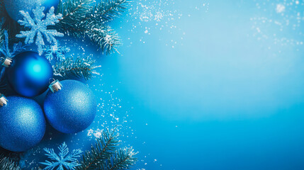 A blue background with a blue Christmas tree with snow on it