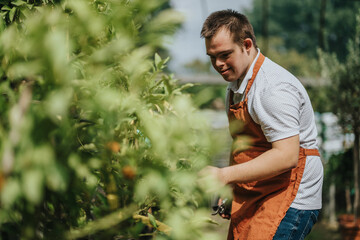 A young man with down syndrome joyfully works in a garden, wearing an apron. He is surrounded by lush greenery, embodying dedication and positive energy in nurturing plants.