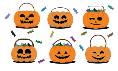 Halloween pumpkin jack o' lantern buckets. Trick or treat bags filled with sweets, pumpkin bucket with candies and candy hunt pack cartoon vector Illustration set of Halloween candy bag basket