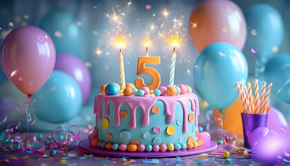 Vibrant 5th birthday cake with sparklers in festive setting, ideal for party invitations