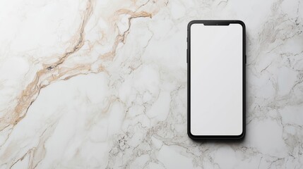 Top View of Modern Smartphone with Black Frame and Blank White Screen on Marble Surface with Light Brown Veins in Minimalist Layout