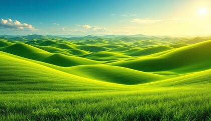 Lush green rolling hills under sunny sky, serene landscape, desktop background