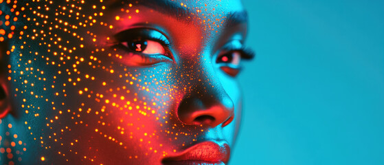 AI-driven security analysis, exploring facial recognition technology, enhancing cyber intelligence in artificial environments, featuring a diverse female perspective