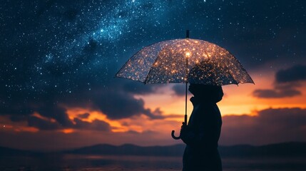 Celestial Umbrella, an individual protected from a cascade of shimmering stars, creating a magical and whimsical atmosphere under a cosmic sky