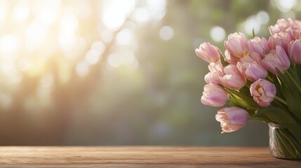 An exquisite bunch of vibrant pink tulips in a lively morning garden setting, symbolizing joy and...