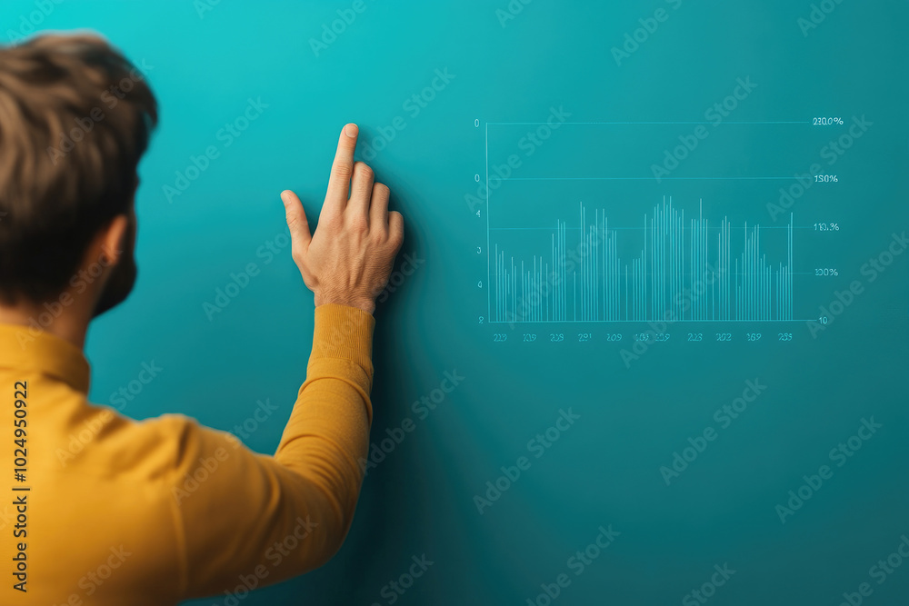 Wall mural analyst engaging with interactive financial dashboard, vibrant teal background, dynamic gestures enh