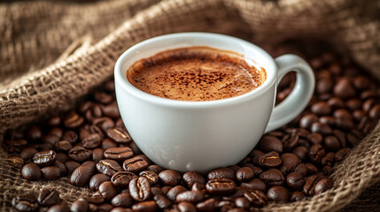 A warm cup of coffee resting on roasted beans in a cozy, rustic setting
